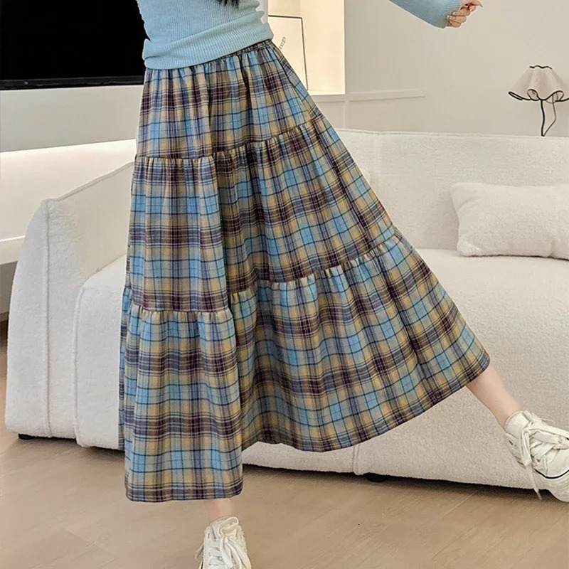 Japanese Vintage A Line Plaid Skirts Women Summer High Waist Patchwork Long Woman Midilength Umbrella Skirt Female 250514