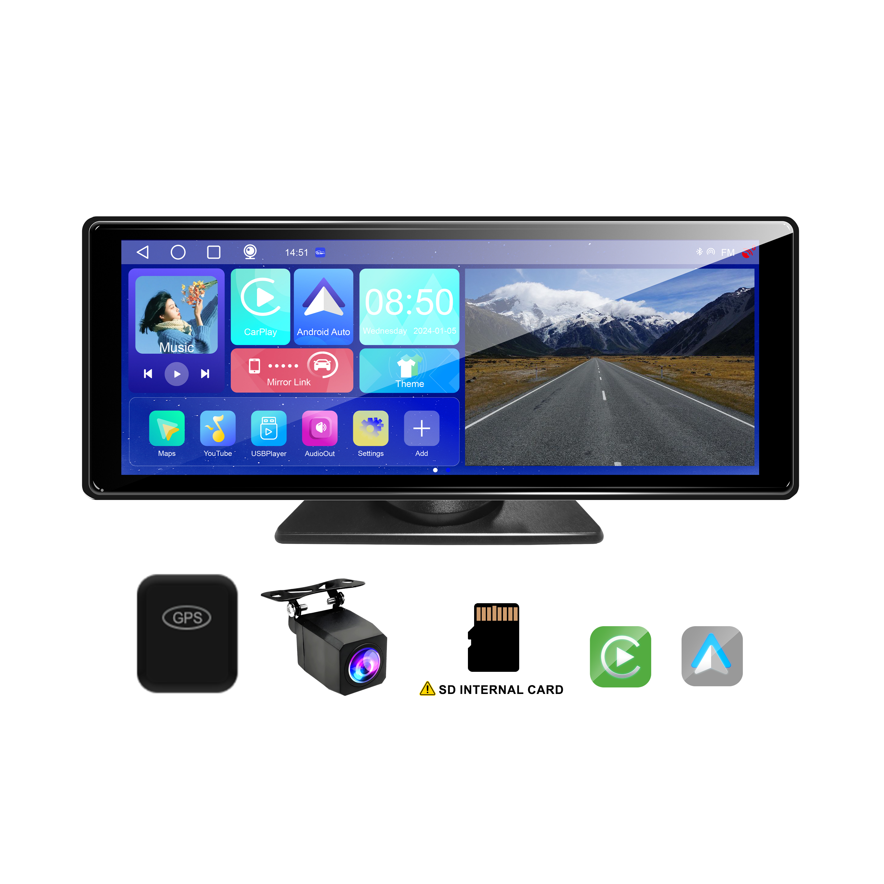 BY-CS105 10.26" Android 10 Car Display with Rear Camera Wireless CarPlay/Android Auto 2+32GB, WiFi & FM Transmitter OEM Support car screen factor