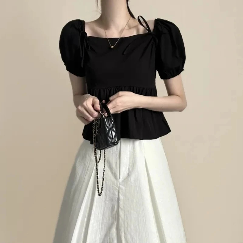 REALEFT Spring Summer Puff Sleeve Womens Bow Blouses Korean Style Solid Square Collar Casual Short Shirts Female 250514