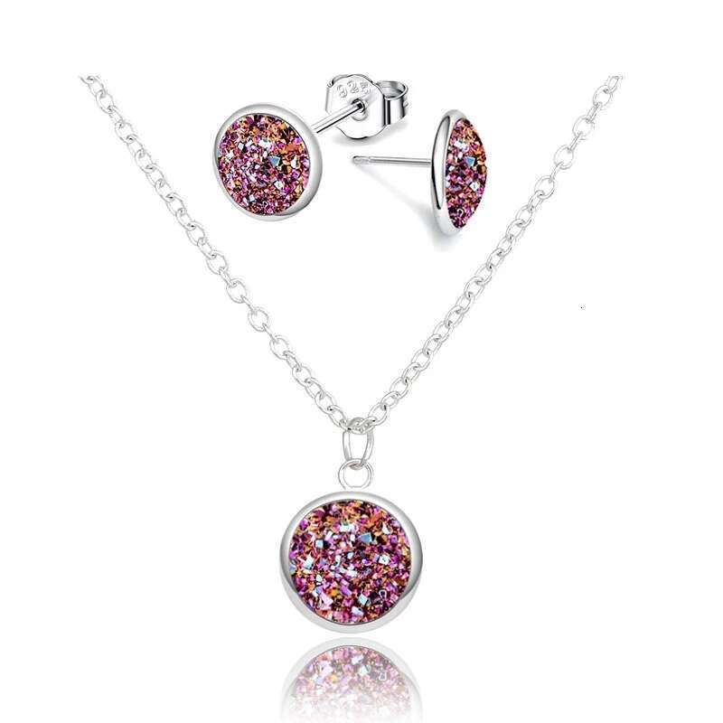 Fashion Drusy Round Pendant Jewelry For Anti Allergy Bling Stud Earrings Sets Women Party Necklace