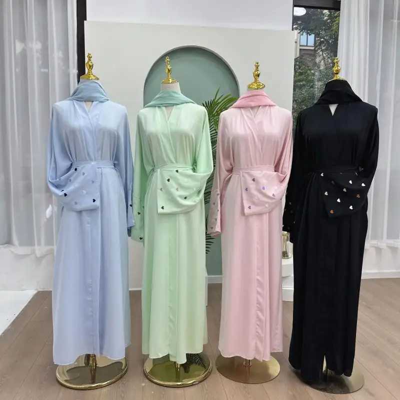 Women Heart Embroidery Long Slved Cardigan Muslim Abaya Dubai Party Burqa Loose Dress Ladies Kaftan Solid Color With Belt Robe X250514