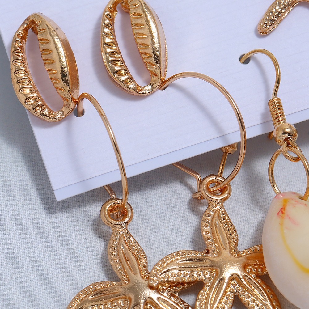 Popular fashionable beach style, golden shell, starfish, conch, 5 pairs of combination and earrings