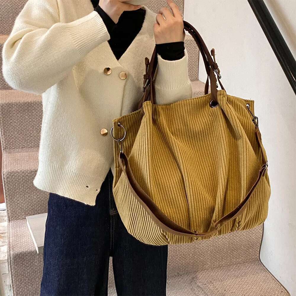 Slouchy Tote Bags Corduroy Casual Handbag Detachable Long Strap Shoulder Women's Large Capacity Crossbody Bag Zipper Satchel