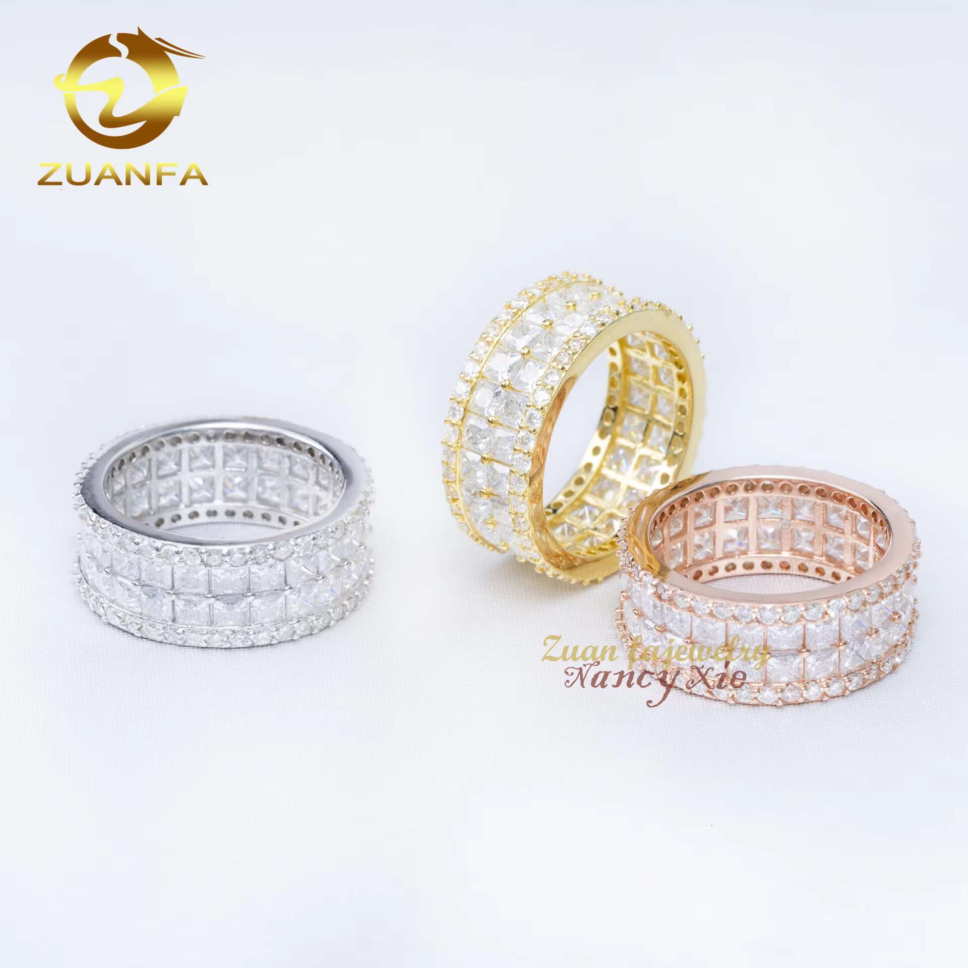 Fashion Jewelry Hip Hop Mens Cuban Gold Ring Iced Out 925 Sterling Silver 2 Rows VVS Princess Cut Moissanite Diamond Ring