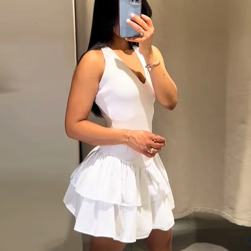Womens Dresses Halter Pink Mini Chic v Neck Layer Ruffles Hem Dress A Line Vestido Summer Ladies Street Party Wear 250514