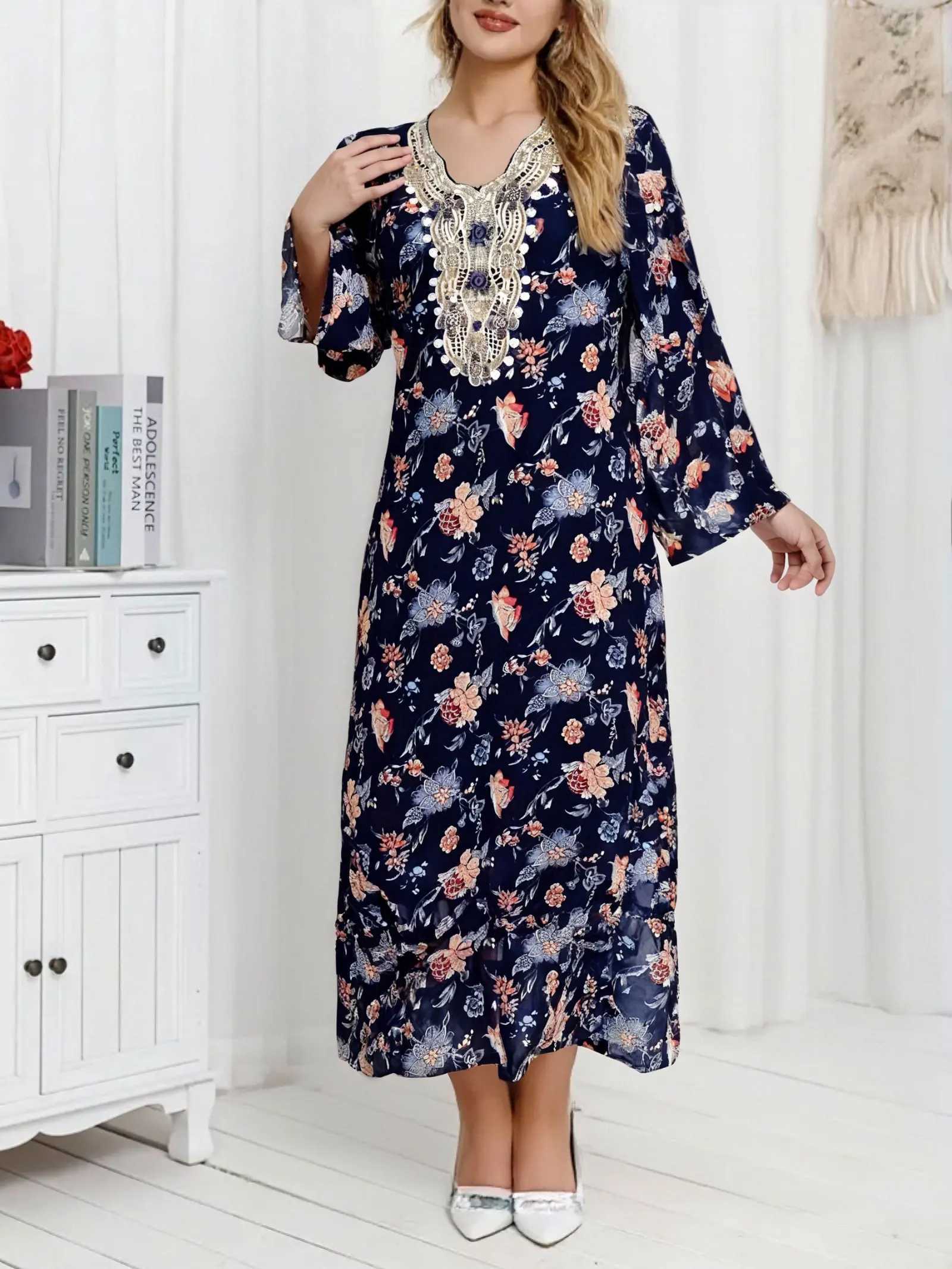 Women Floral Printed Muslim Dress Vintage Long Slve Abaya Hijab Sundress Robe Femme Eid Mubarek Dubai Turkey Vestido X250514