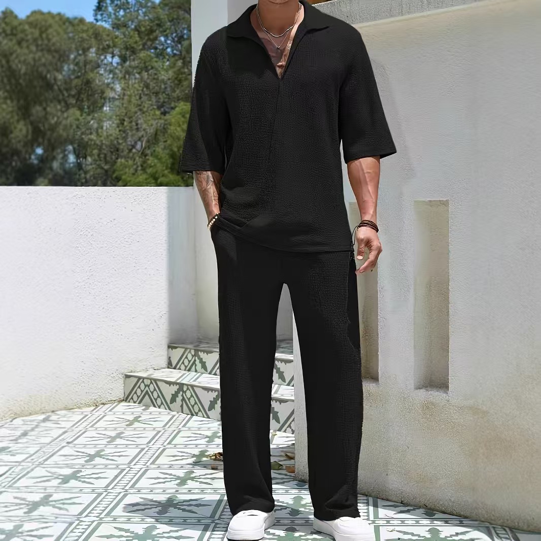 Trendy men's commuting two-piece set, including a solid-color short-sleeve shirt and long pants.