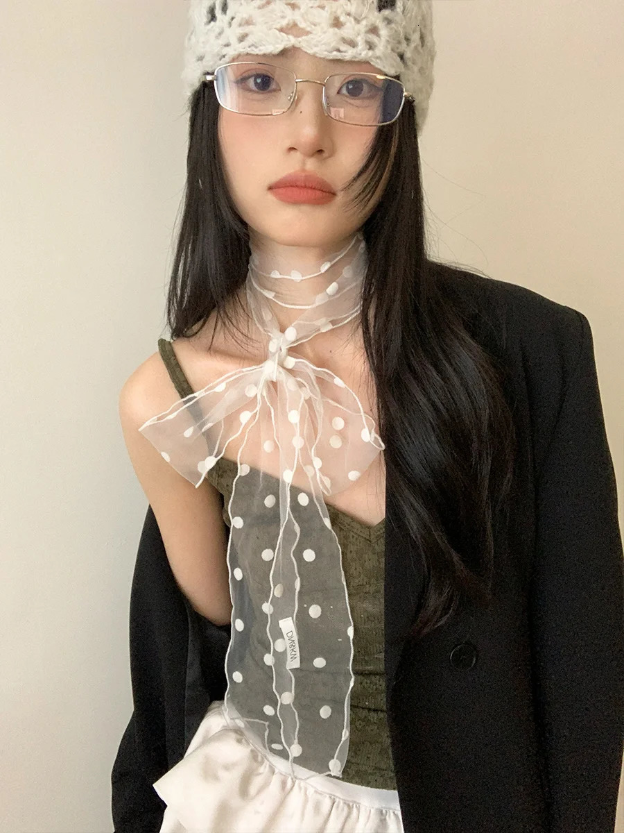 Fashionable Lace Mesh Polka Dot Scarf For Women Summer 2025 Lightweight Sweet Versatile Neck Accessory With Ribbon 250514