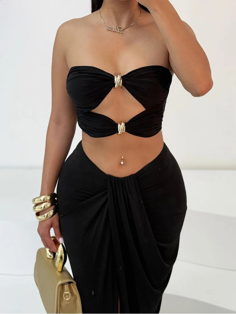 Weird Puss Hollow Metal Buckle 2 Piece Set Women Y2K Solid Tube TopsIrregular Split Maxi Skirt Matching Clubwear Outfits 250513
