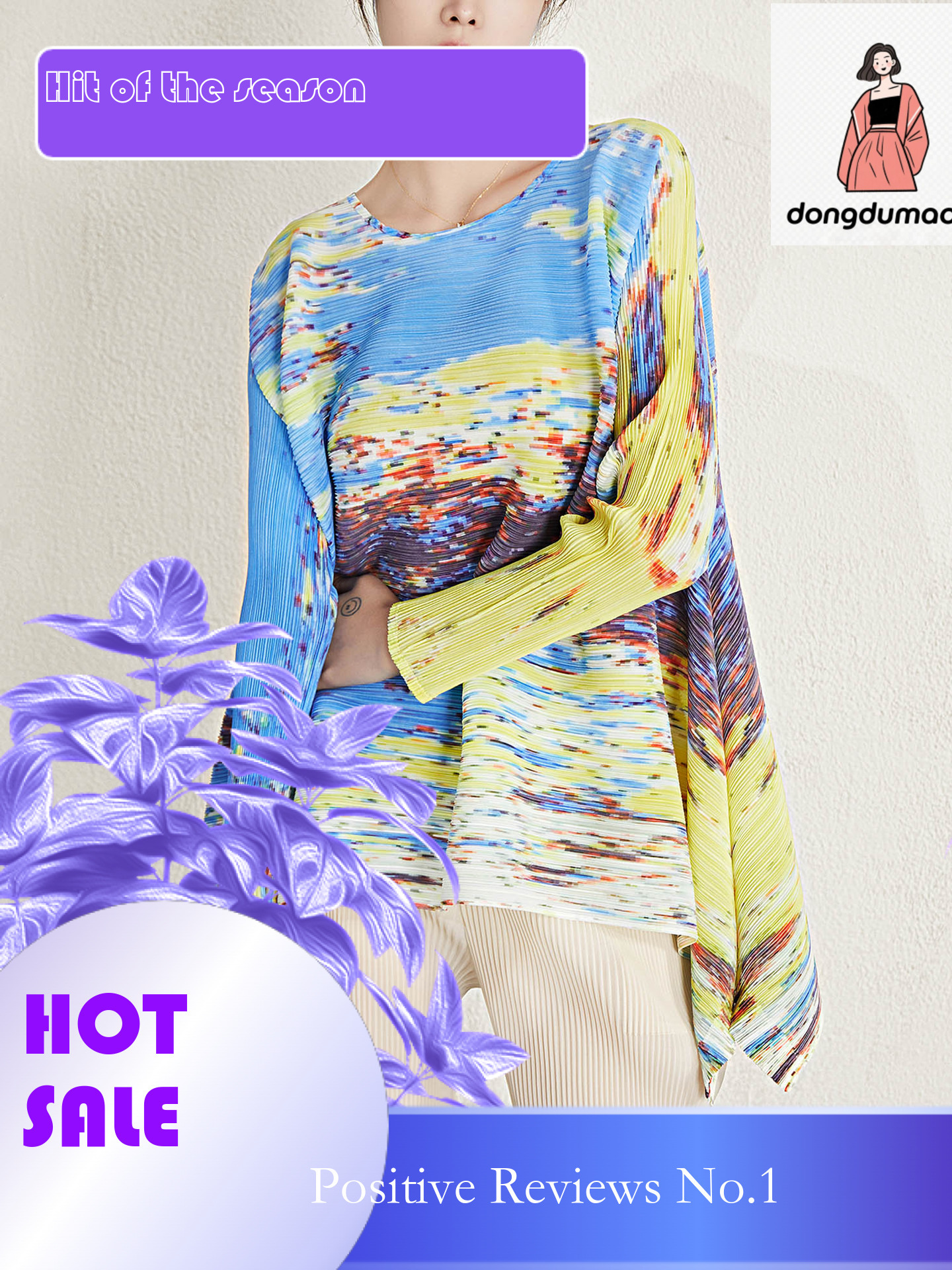 dongdumaoyi Wrinkled top spring new Miyake round neck printed T-shirt loose and slimming, covering the belly women's fashion style