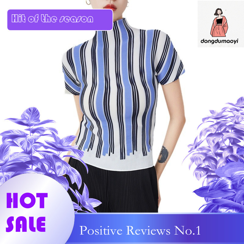 dongdumaoyi Wrinkled top women's 2024 summer new semi high neck slim fit and slimming chiffon versatile niche short sleeved T-shirt