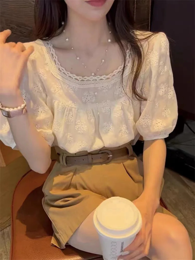 Fashion Summer Women Blouse Short Sleeve Elegant Square Collar Tops Apricot Hollow Out Shirts 250514