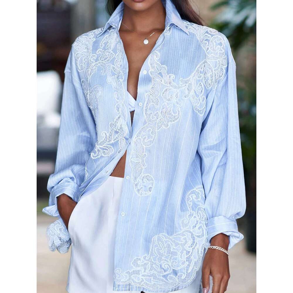 Women Casual Striped Turn Down Collar Long Sleeve Lace Applique Minimalist Vintage Plus Size Autumn Blouse Shirts