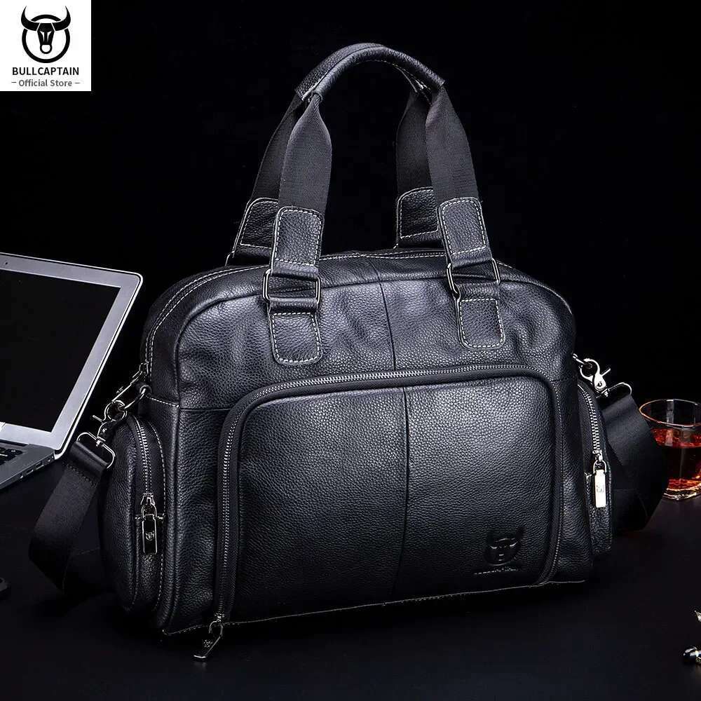 BULLCAPTAIN Men's Leather Briefcase Can Be Used For 14-Inch Laptop Business Shoulder Messenger Handbag Leisure Travel Bags