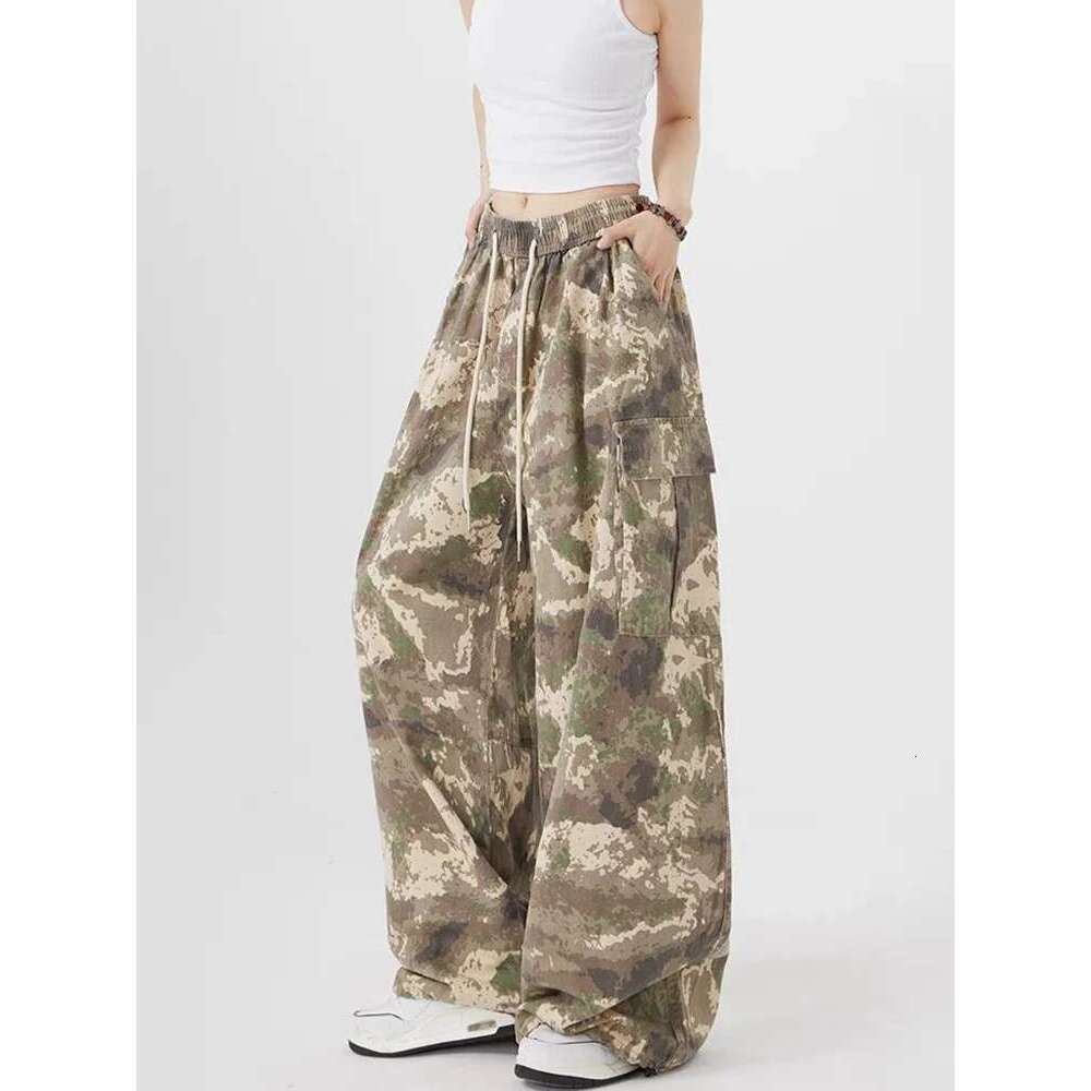 Zoki Streetwear Camouflage Cargo Women High Waist Y2K Haruku Wide Leg Trousers Vintage American Pockets Lace Up Pants