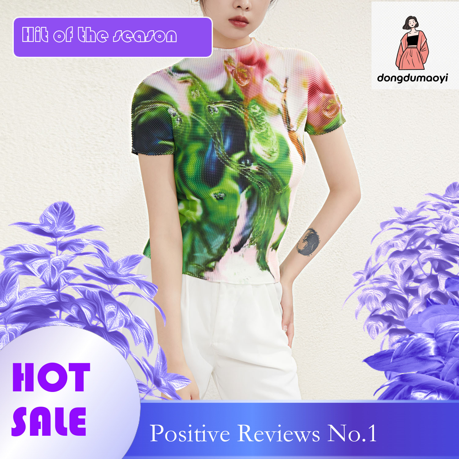 dongdumaoyi Summer 2023 Miyake printed temperament stand up collar short sleeved t-shirt slimming versatile high-end thin pleated top for women