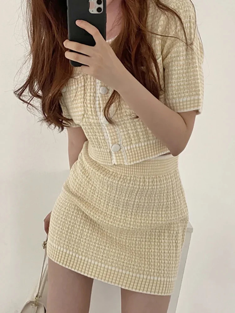 Summer Korean Chic Womens Suit with Skirt Fashion ONeck Knitted Short Sleeve Top Jacket High Waist Hip 2piece Set 250514