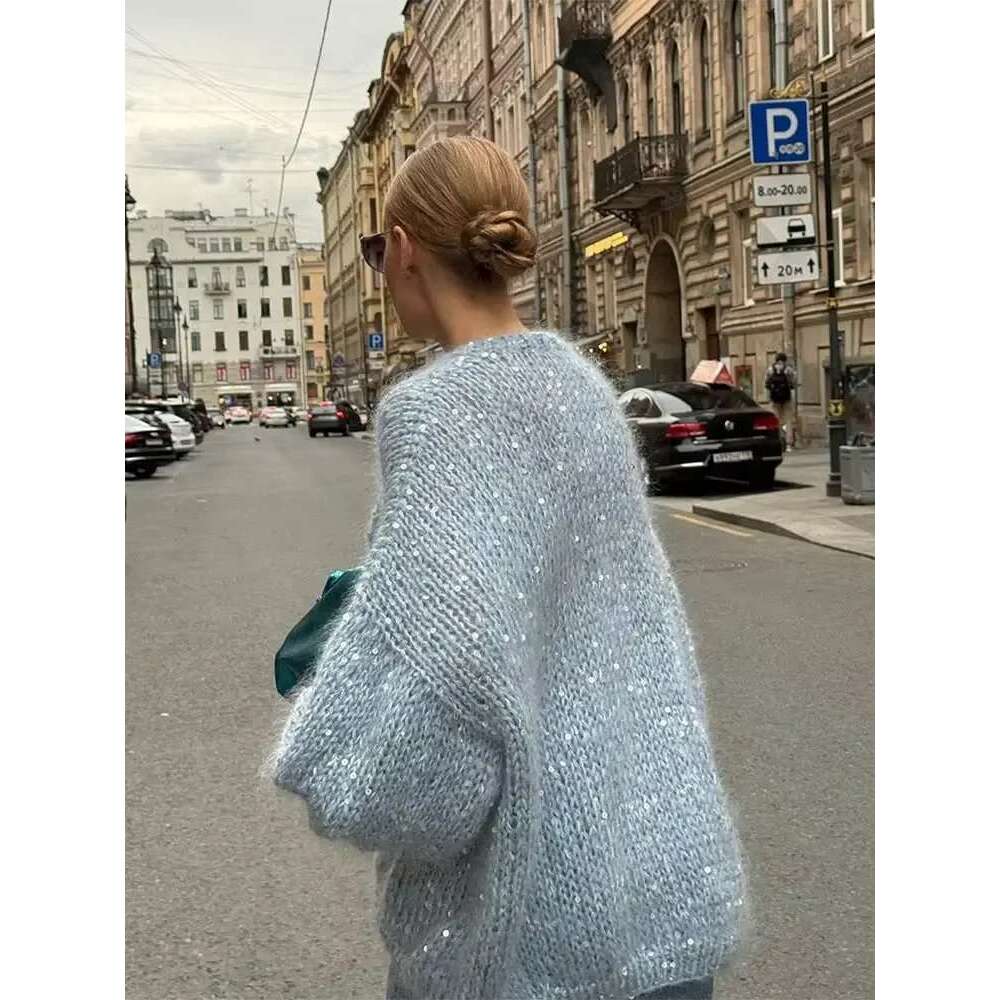 Lady Street Knitwear Fashion Shiny Sequins Women Mohair Knitted Cardigan Chic V Neck Long Lantern Sleeve Sweater