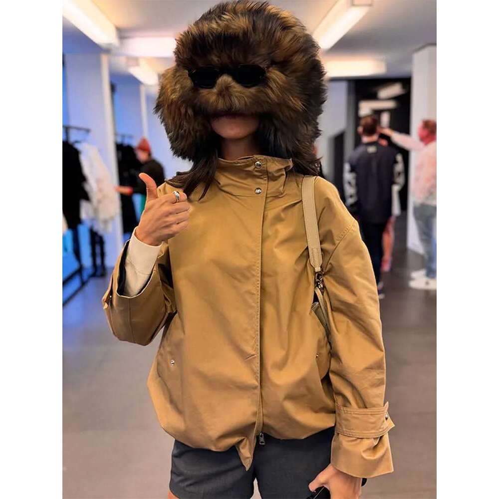 Casual Khaki Short Outerwear Woman Loose Lazy Turtleneck Long Sleeve Single Breasted Windbreaker Coats Lady Thin Trench Jackets