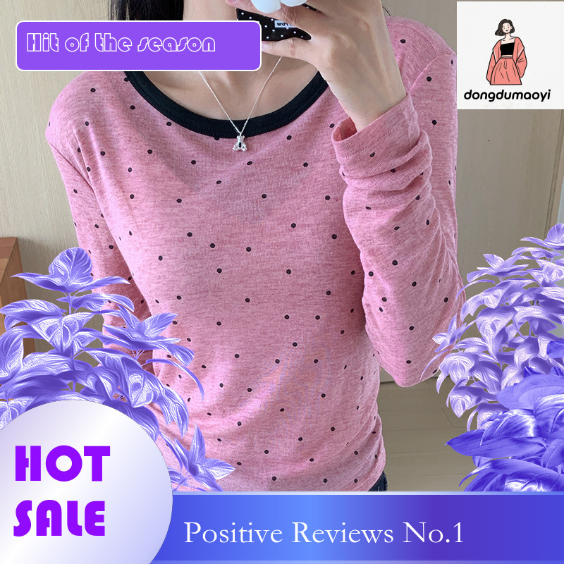 dongdumaoyi New polka dot long sleeved base shirt for women's spring design, slim fit shoulder T-shirt, unique and super beautiful top