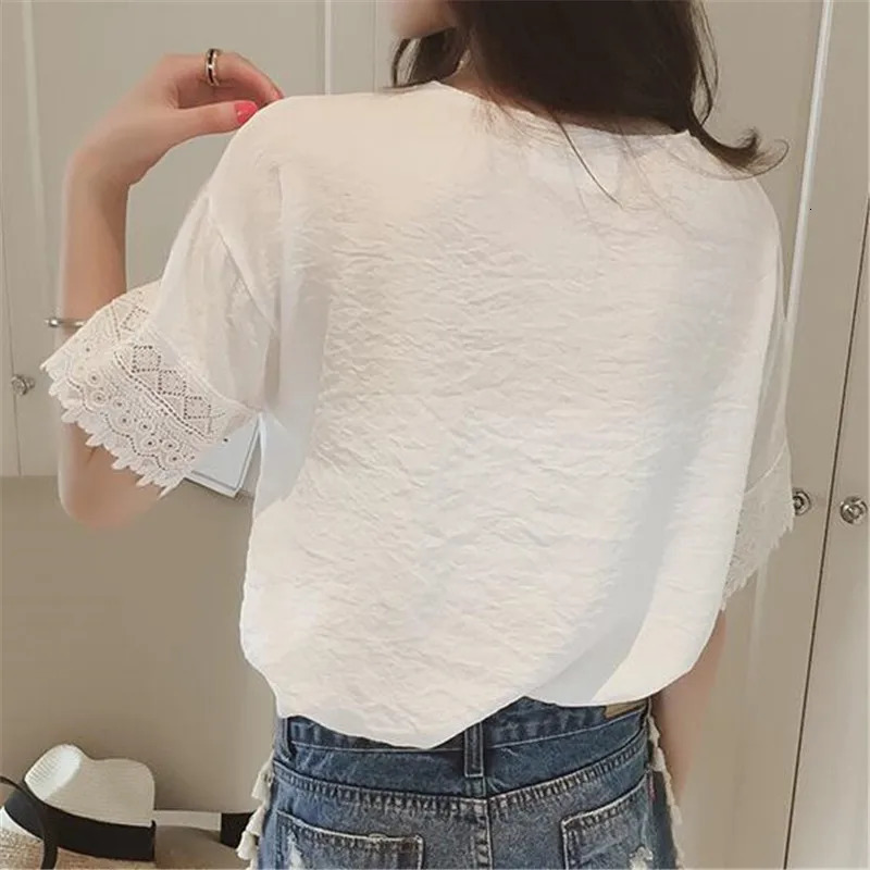Women Summer Tops Crochet Lace Tees Sexy Vintage Short Sleeve T Shirts Loose Blouse Casual 250514