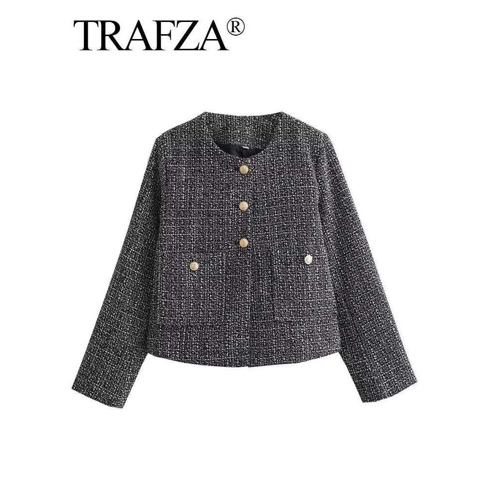 TRAFZA Women Fashion Textured Coat With Pockets Button Long Sleeve Jacket Vintage Solid O Neck Outerwear Woman Chic Coats