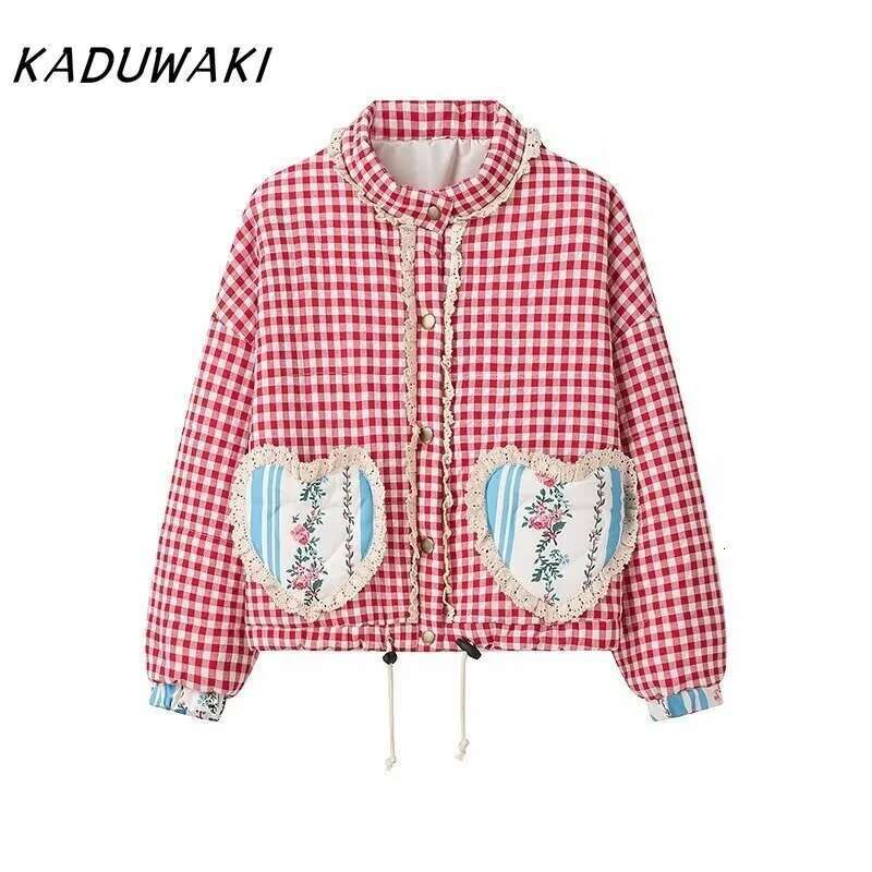 KADUWAKI Korean Lovely Loose Heart Patterned Parkas Spring Long Sleeve Quilted Cotton Padded Jacket Coats Female Cute Outerwear