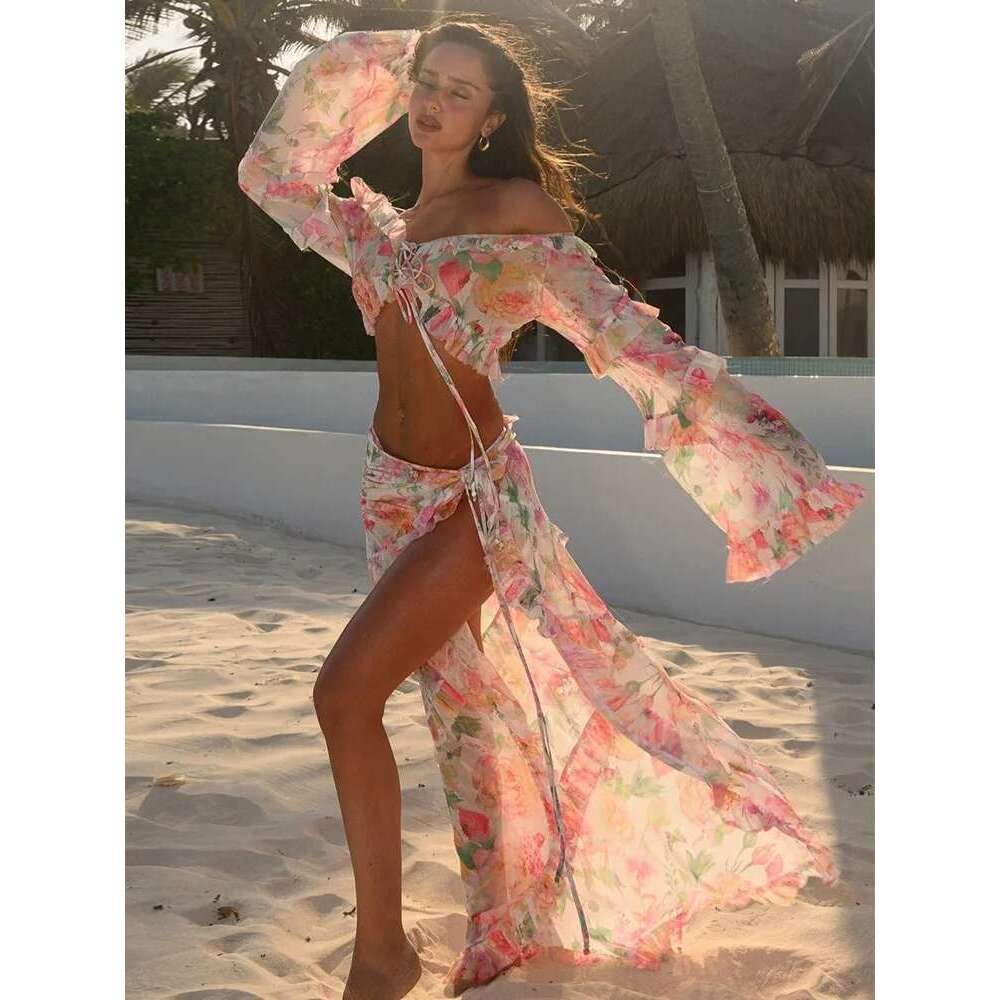 Mesh Cover Ups Sexy Bikini Set Women Sleeves Ruffled Swimsuit Female Swimwear Long Dress Bathing Suit Beachwear Summer