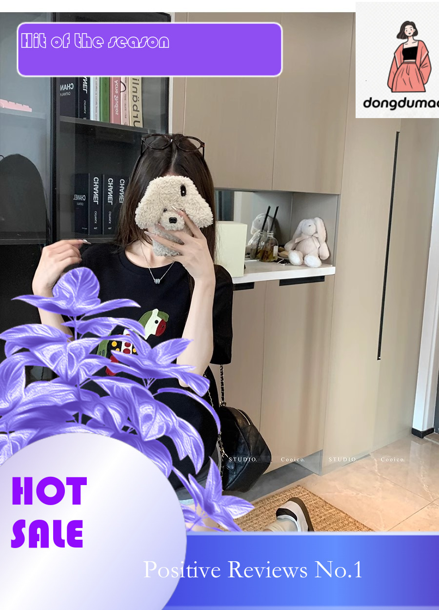 dongdumaoyi Mid length short T-shirt for women in summer 2025, loose and age reducing cartoon towel embroidered versatile round neck half sleeved top