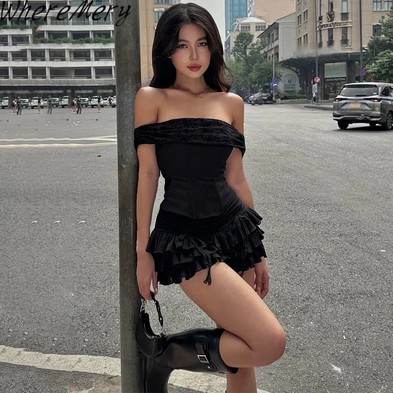 WhereMery Fashion Womens Slim 2 Piece Set Sexy Off Shoulder Tube Top and Lowwaist Folds Mini Skirt Casual Party Club Sets 250514