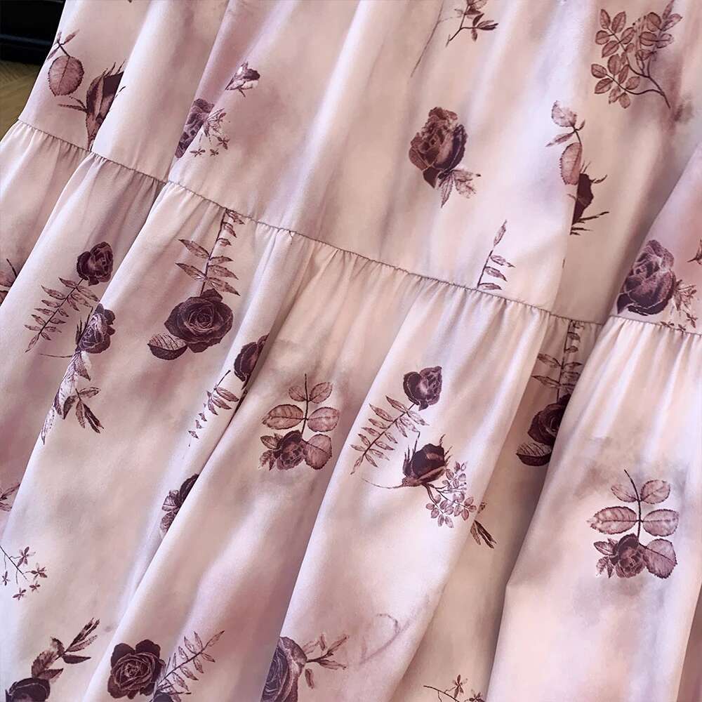 Plus-size Women's Fall/Winter Casual Commuter Loose Comfortable Skirt Pink chiffon print A-line elastic waist lined long skirt