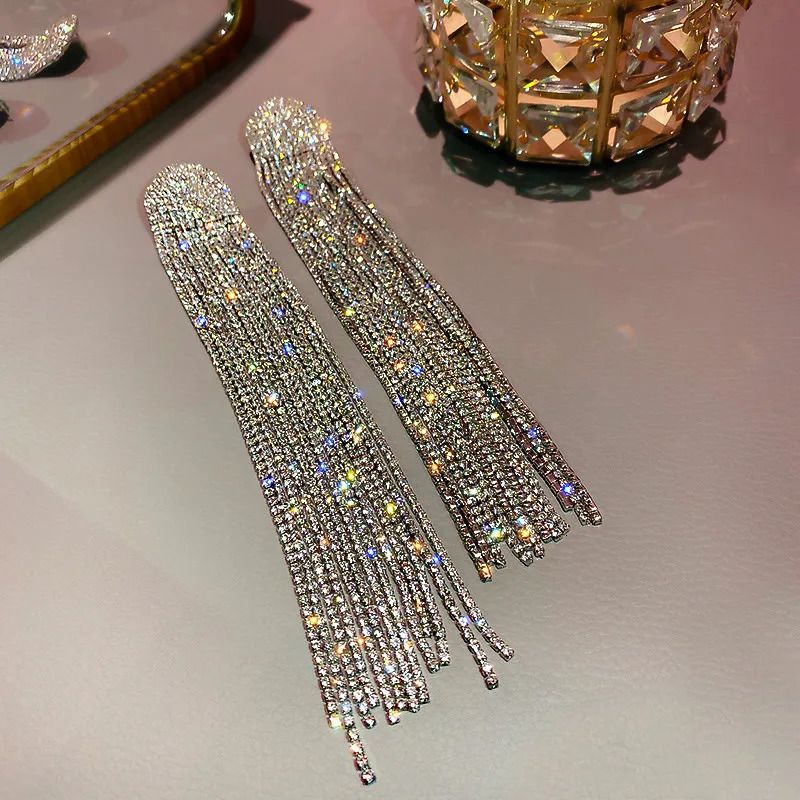 FYUAN Long Tassel Rhinestone Drop Earrings for Women Ovsize Crystal Dangle Earrings Fashion Jewelry 250513