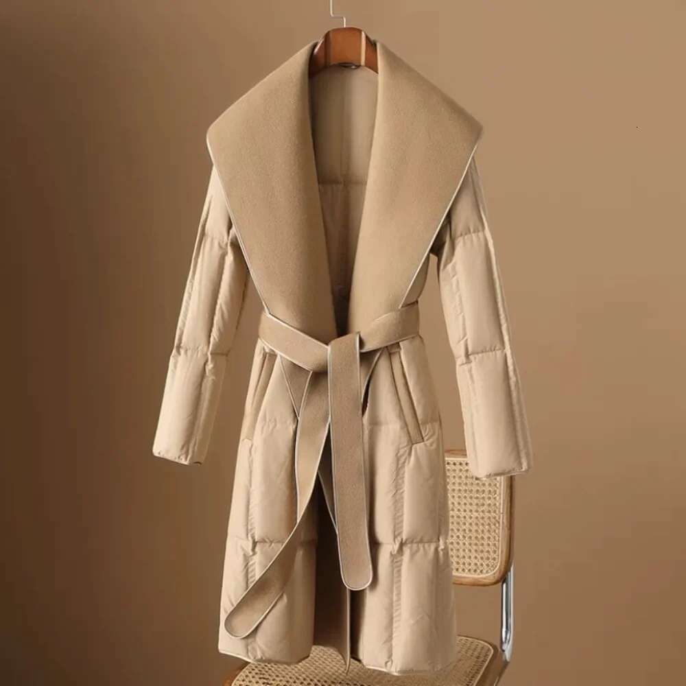 2024 New Fashion Winter Women Warm Slim Belt Thick Overcoat Female Long Duck Down Jacket Woolen Collar Coat