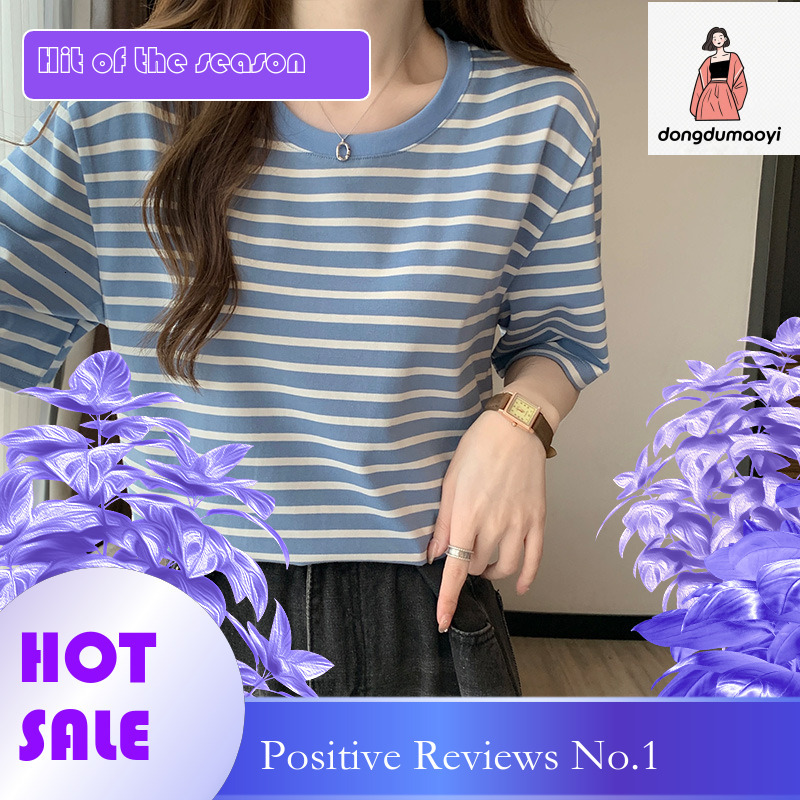 dongdumaoyi Round neck short sleeved for women in summer 2025, new women's clothing thin, loose and versatile striped T-shirt top