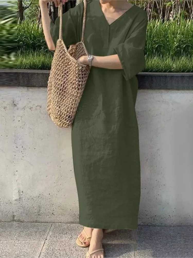 Summer Black Loose Dress Fashion V Neck Short Sleeve Beach Party Casual Dresses For Women Holiday Solid New Long DressXJ250514