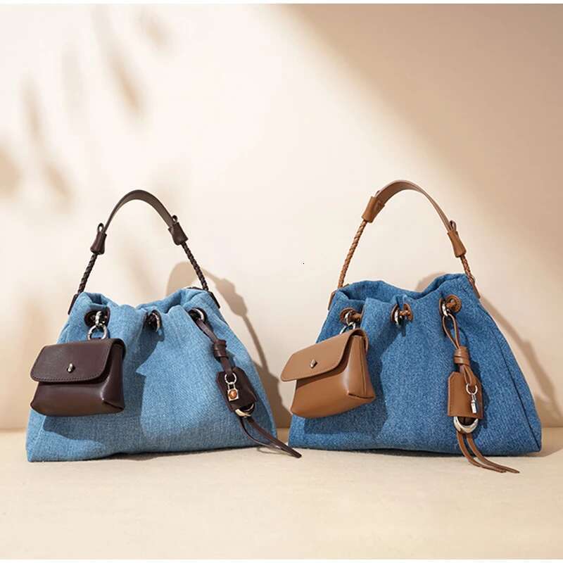 New Denim Series Women Shoulder Brand Tassel Design Cloud Bucket Bag Color Matching Multifunctional Messengerbag With Wallet