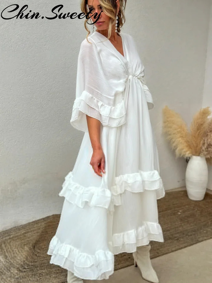 Casual Cascading Ruffle Women Dress Chic Patchwork Lace Up Half Flare Sleeve Oneck Female Dresses Summer Beach Lady Robe 250514