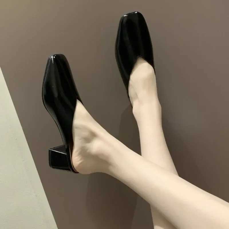 Baotou Half Slippers Women 2024 Summer New Outer Wear Fashion Solid Color Square Toe Thick Heel High-heeled Womens Shoes W250514