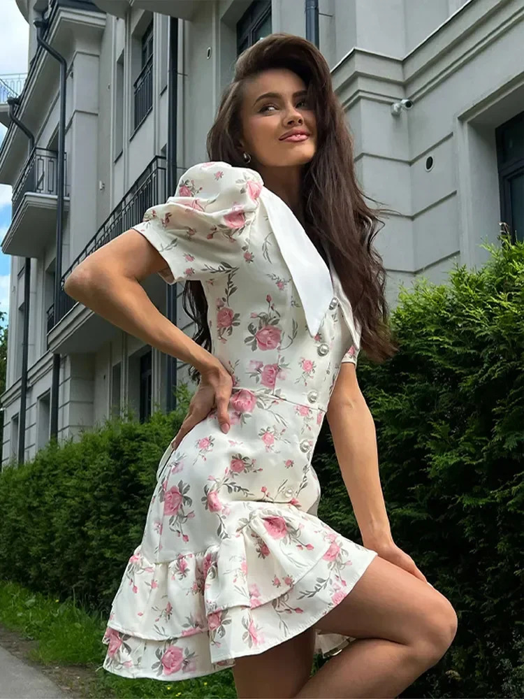 Flower Printed Lapel Mini Dress Women Casual Daily Short Sleeved V Neck Aline Fluffy Vestido Summer Holiday Robe 250514