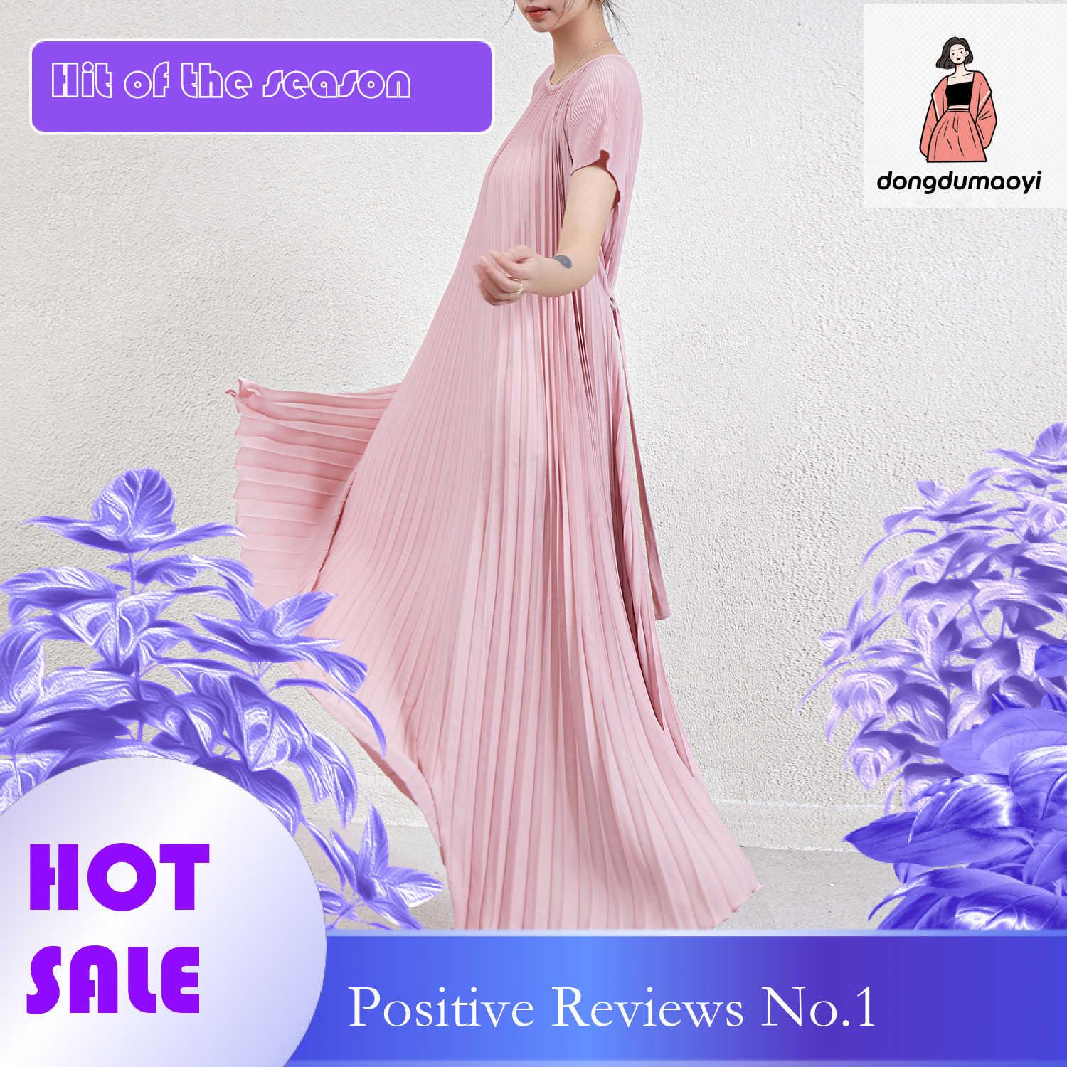 dongdumaoyi Summer haute couture dress heavy duty pleated loose plump with a slimming temperament and age reducing lace up long skirt