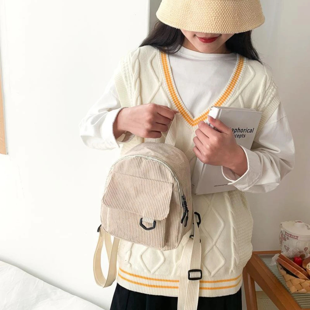 Womens Mini Backpack Fashion Solid Color Corduroy Small Simple Casual Traveling Large Capacity Durable Females Schoolbag 250514