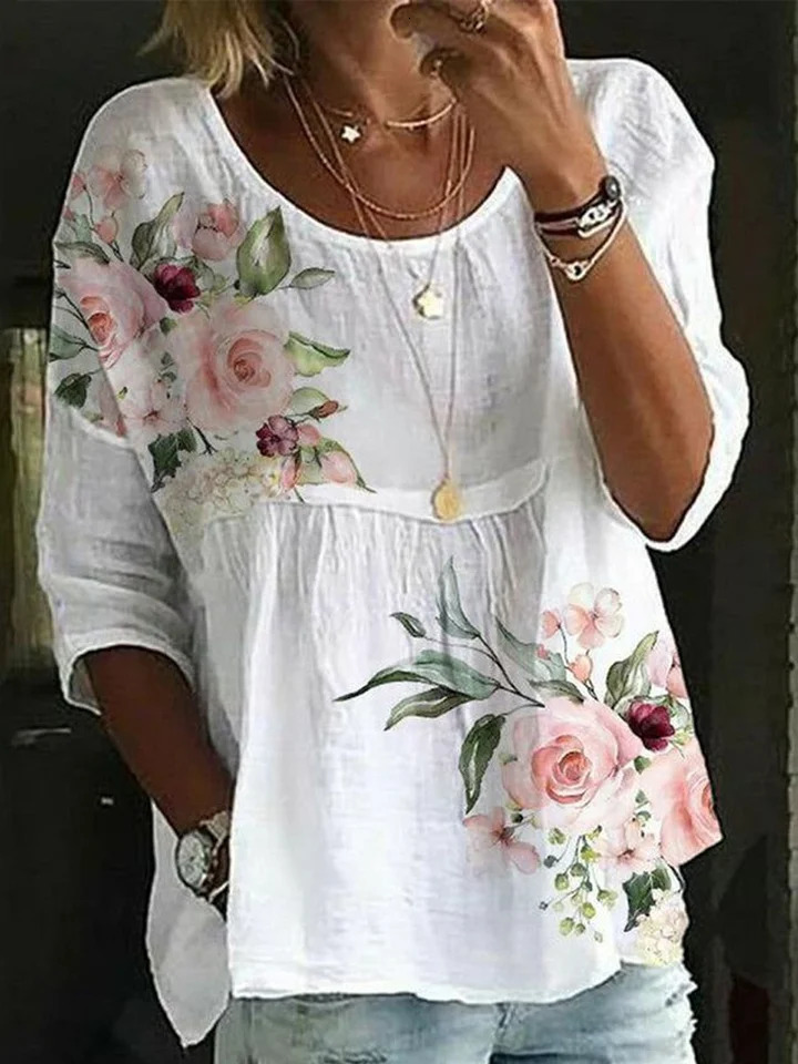 Fashion Loose Shirt Woman Elegant RoundNeck Printed Casual Holiday Weekend Top 250514
