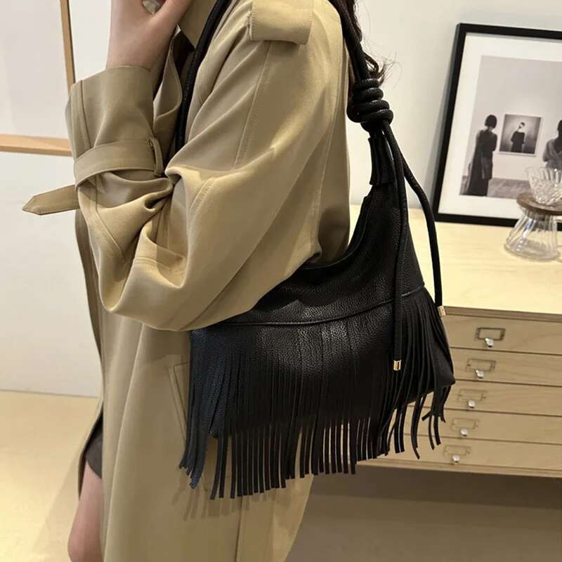 Vintage Tassel Shoulder Bag For Women Daily Used, Soft PU Leather Versatile Crossbody Bags Ladies Casual Handbag