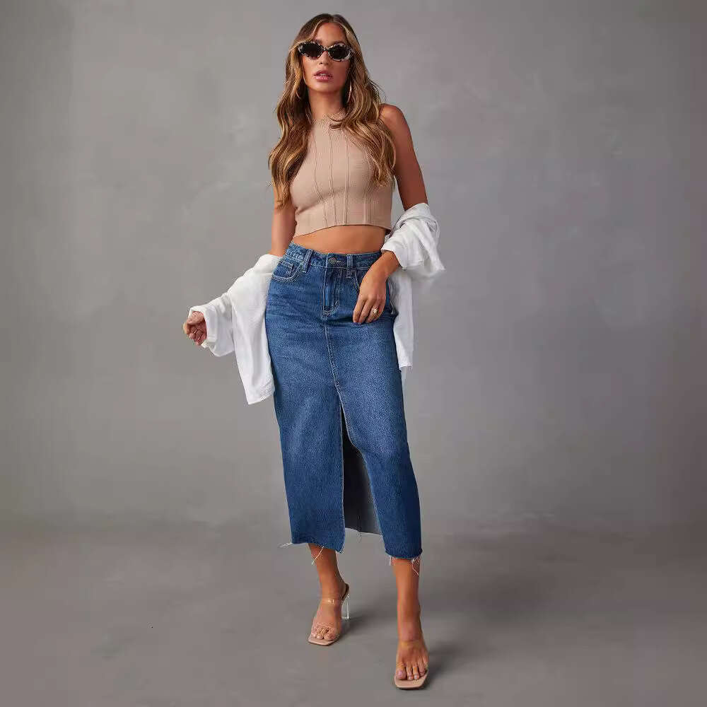 Sexy Spicy Girl A-line Pattern Split Slim denim Half Skirt 2024 Spring/Summer