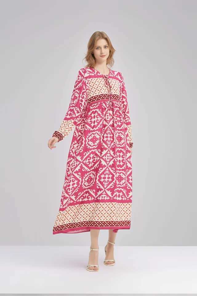 Boho Maxi Dress 2025 Womens Long Bohemian Dress Loose Fit Geometric Print Tiered Flowy Dress V-Neck Long Slve X250514