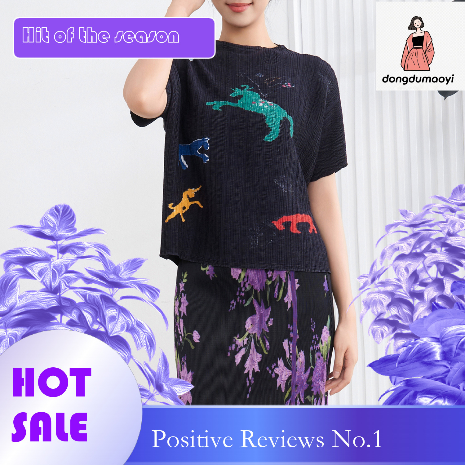 dongdumaoyi Miyake round neck loose thin T-shirt women's summer new print pleated top chiffon pullover short sleeved base shirt