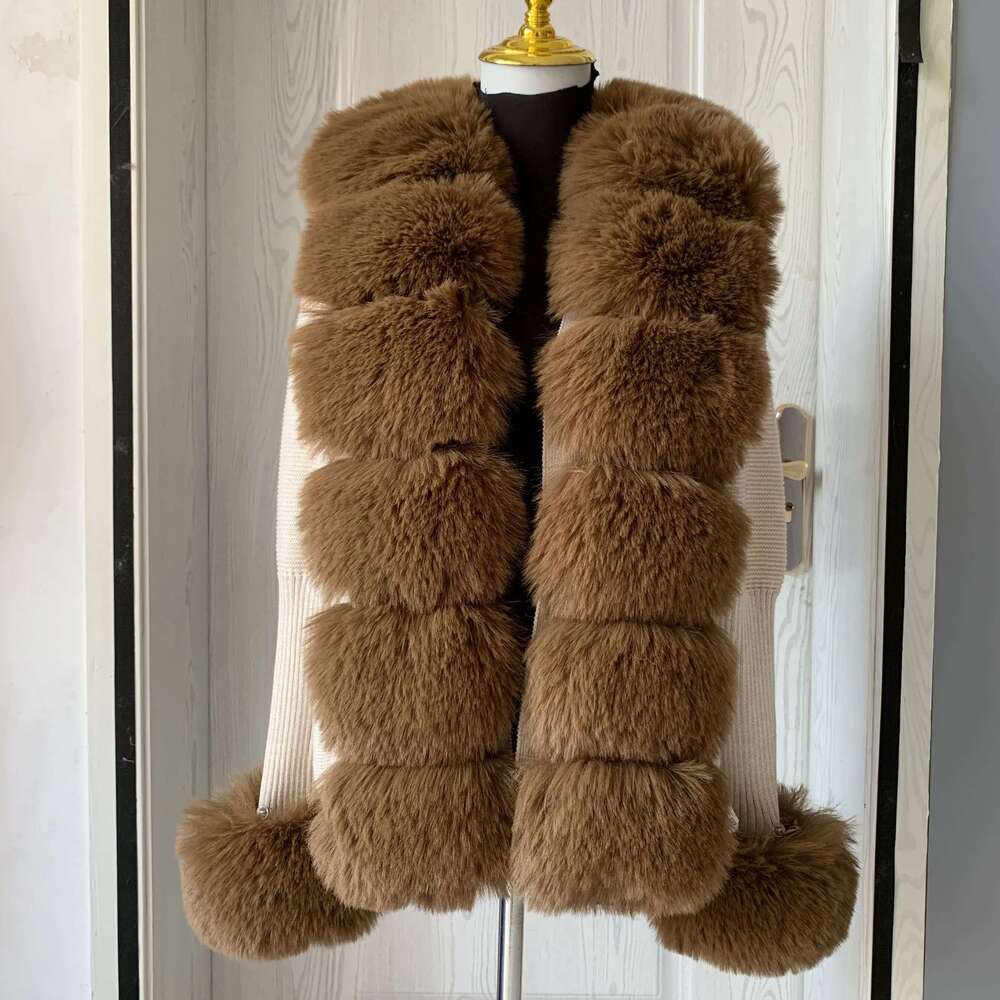 Women's Cropped Spring Autumn Hot Sale Knit Sweater Cardigan With Faux Fox Fur Collar Ladies Coat