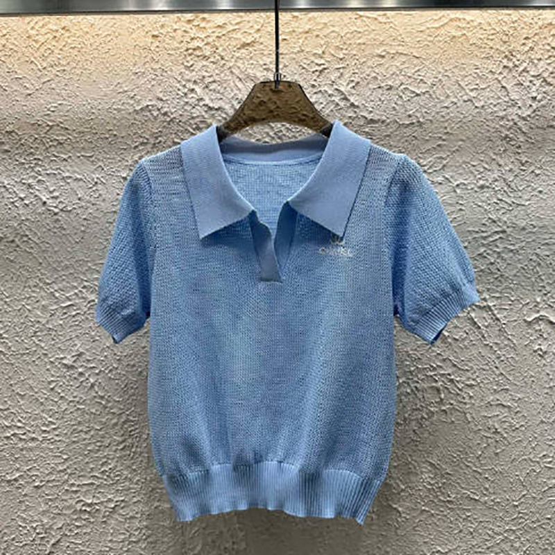 Designer Women's Summer Light Embroidery Printed Brand Top Neck Casual Style Regular Short Sleeve Pullover Cotton Short Sleeve