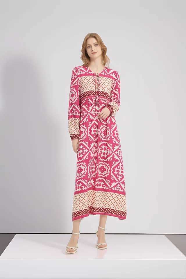 Boho Maxi Dress 2025 Womens Long Bohemian Dress Loose Fit Geometric Print Tiered Flowy Dress V-Neck Long Slve X250514