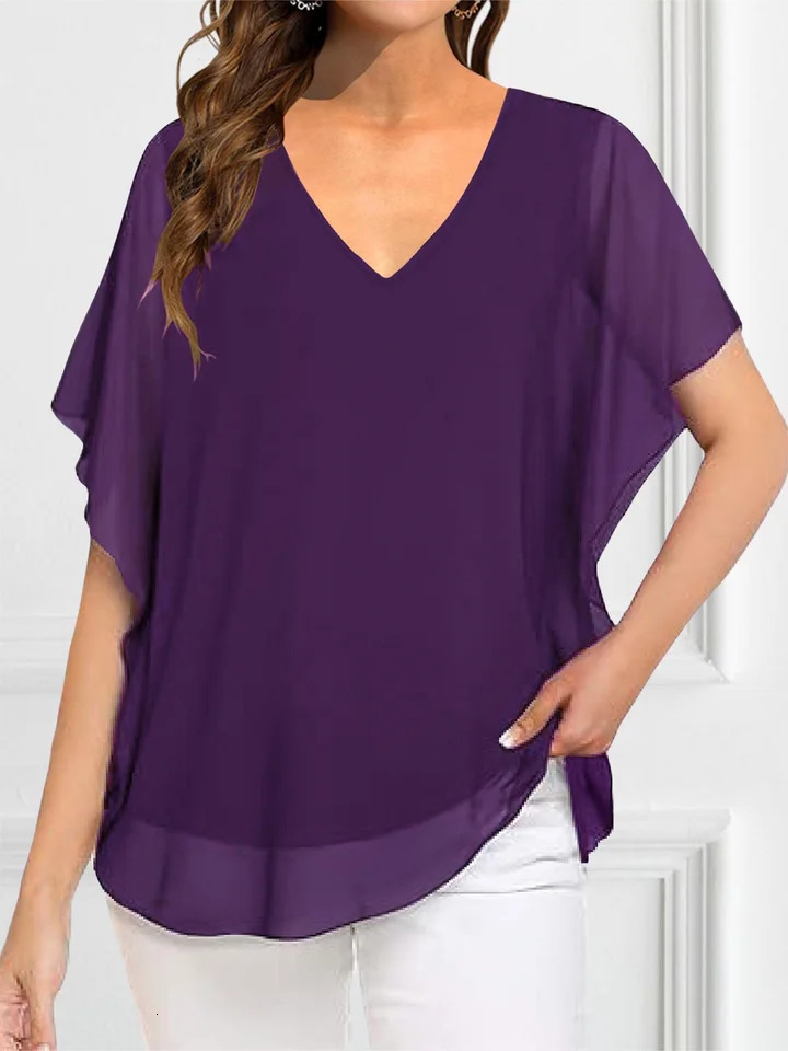 Plus Size Blouse Shirts Womens Tops Blouses Summer Batwing Sleeve Vneck Purple Shirt Elegant Clothing 250514